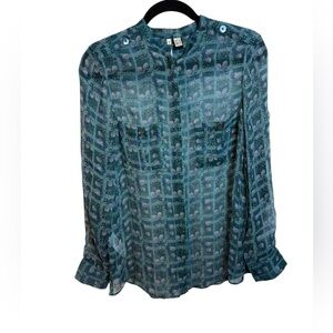 Mango Vintage Silk Sheer Teal Shell Pattern Blouse